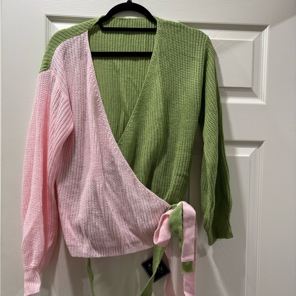 Two-Tone Green and Pink Wrap Sweater